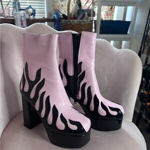 Dolls Kill La Moda Flame Platform Chunk Heel Boot, pink and black, womens 5.5
